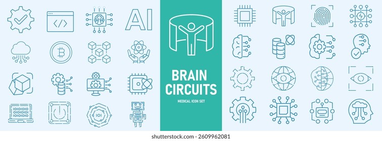 Machine learning outline icons set vector illustrator. AI, data analysis, algorithms, data, automation, learning, science, networks and more.