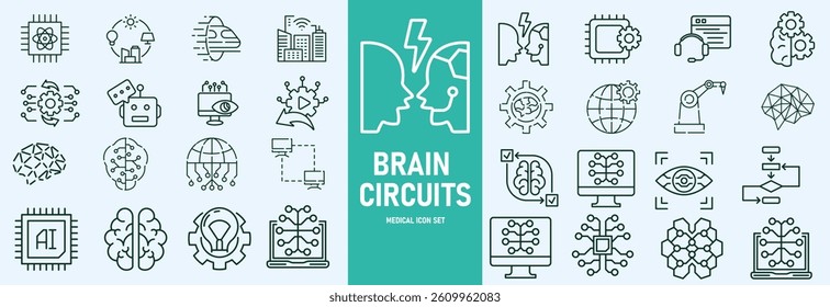 Machine learning outline icons set vector illustrator. AI, data analysis, algorithms, data, automation, learning, science, networks and more.