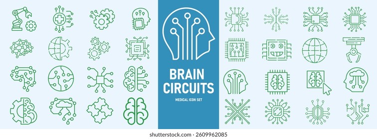 Machine learning outline icons set vector illustrator. AI, data analysis, algorithms, data, automation, learning, science, networks and more.