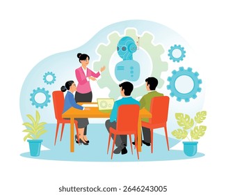 Machine learning process with Teacher explaining about artificial intelligence with humanoid and technology to students sitting around the table. Information technology research concept.