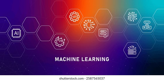 Machine learning programming modern technology system gradient header robot mind thinking development data information processing AI artificial intelligence engine icon design