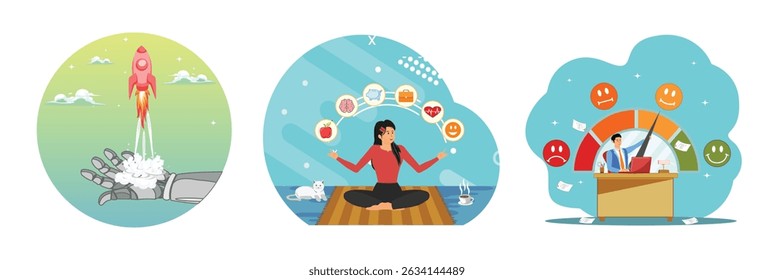 Machine learning project for automation system, robot hand launch new rocket. Calmness woman meditate health wellness elements. Businessman working at office desk with satisfaction rating.