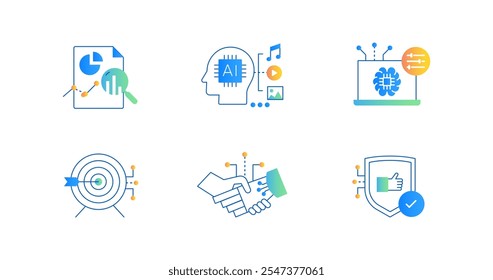 Aprendizaje automático e iconos seguros de IA. Destacando el análisis impulsado por la IA, la colaboración, el procesamiento de precisión y los sistemas seguros para soluciones tecnológicas.