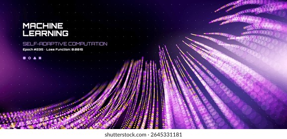 Machine learning self-adaptive computation. Abstract purple and yellow glowing particles forming wavy lines. Digital technology background. Vector graphics. 