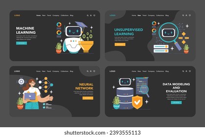 Machine Learning Set. Educational journey through AI, featuring supervised, unsupervised, and reinforcement learning. Interactive neural networks and algorithm visualization. Flat vector illustration