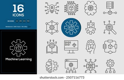 Machine Learning set of outline icons related to analysis, infographic, analytics. Editable stroke. Vector illustration.