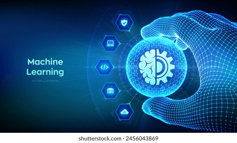 Machine Learning in the shape of sphere with hexagon pattern in wireframe hand. Neural networks. AI. Artificial Intelligence concept. Big data innovation technology. Vector illustration.