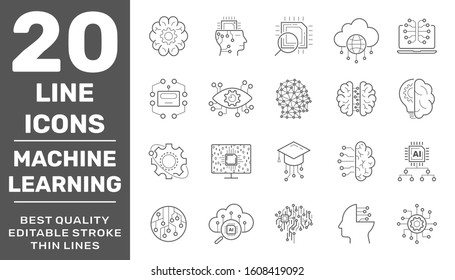 Machine learning simple concept icons set. Contains such icons as data mining, algorithm, classification, AI and more. For used web, logo, UI/UX. Editable Stroke. EPS 10