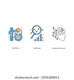 Maschinelle Lerntechnologien Vektorsymbole mit editierbarem Strich, Datenverarbeitung, intelligenten Algorithmen, prädiktiver Analyse,