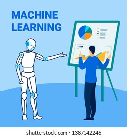 Machine Learning Technology Flat Banner Template. Male Expert Consulting Robot Cartoon Characters. Artificial Intelligence Collecting Data, Statistics. Human Teacher, Tutor Interacting with Humanoid