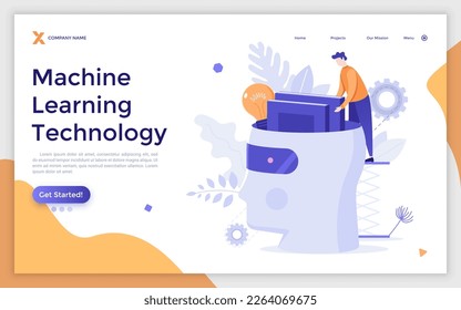 Machine Learning Technology landing page template. Artificial intelligence development vector illustration for webpage design. Programming algorithm. Web application development material