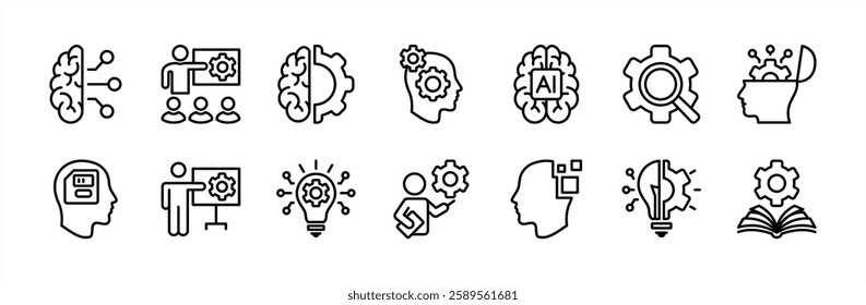 Machine learning technology line icon set. Contains artificial intelligence or ai, brain, education, digital, automation, innovation, science, robotic, futuristic, intelligent. Vector illustration