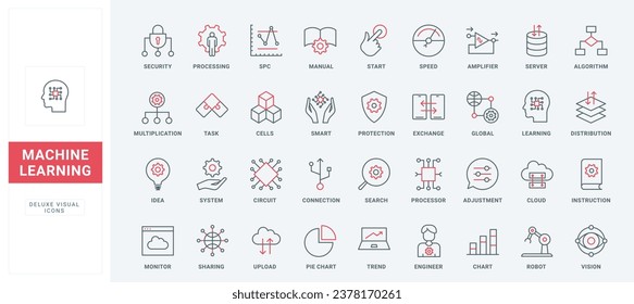 Machine learning thin black and red line icons set vector illustration. Outline pictogram collection of data research algorithms, digital dashboard of computing system, global analysis automation