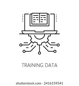 Machine learning training data, AI artificial intelligence algorithm icon. Artificial intelligence science, robotic smart algorithm and computer technology vector icon with laptop, book and gear wheel