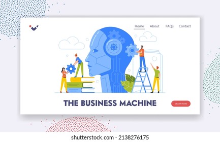 Machine Learning and Training Landing Page Template. Tiny Business Characters with Gears at Huge Cyborg Head. Artificial Intelligence, Ai Process Automatization. Cartoon People Vector Illustration