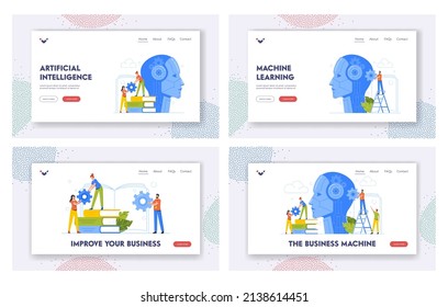 Machine Learning and Training Landing Page Template Set. Tiny Business Characters with Gears at Huge Cyborg Head. Artificial Intelligence, Ai Process Automatization. Cartoon People Vector Illustration