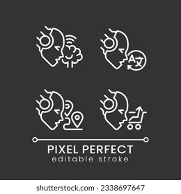 Machine learning usage pixel perfect white linear icons set for dark theme. Artificial intelligence. Night mode simple thin line symbols. Isolated outline illustrations. Editable stroke