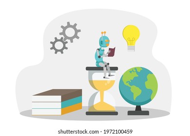 Machine learning vector concept. Robot sitting on hourglass while reading a book