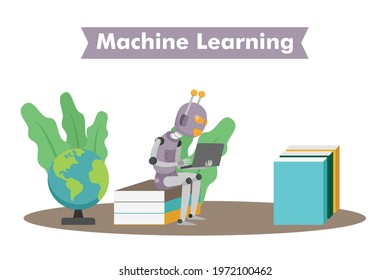Machine Learning vector concept. Robot reading books while sitting on the stack of books
