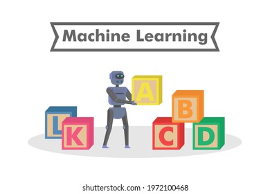 Machine Learning vector concept. Robot arrange wooden blocks alphabet