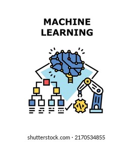 Machine Learning Vector Icon Concept. Machine Learning And Developing, Artificial Intelligence Digital Brain And Programming Operation Industrial Robotic Arm. Learn Technology Color Illustration