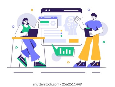 Machine Learning Vector Illustration featuring Artificial Intelligence Jobs, Scientists Working with Big Data and Technology Engineers in a Background