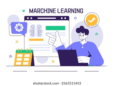 Machine Learning Vector Illustration featuring Artificial Intelligence Jobs, Scientists Working with Big Data and Technology Engineers in a Background