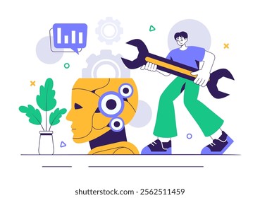 Machine Learning Vector Illustration featuring Artificial Intelligence Jobs, Scientists Working with Big Data and Technology Engineers in a Background