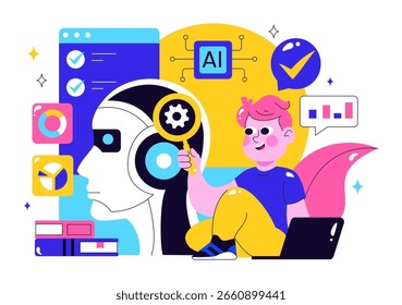 Machine Learning Vector Illustration featuring Artificial Intelligence Jobs, Scientists Working with Big Data and Technology Engineers in a Background