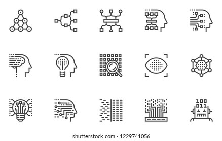Machine Learning Vector Line Icons Set. Deep Learning, Genetic Algorithm, Neural Network, Machine Vision. Editable Stroke. 48x48 Pixel Perfect.