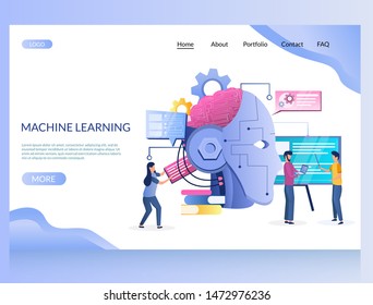 Machine learning vector website template, web page and landing page design for website and mobile site development. Artificial intelligence, robotics, cyber mind technology concept with characters.