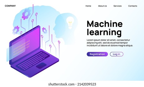 Machine Learning Web Banner. Landing Page. Vector Illustration