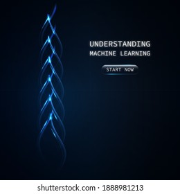 Diseño web de aprendizaje automático. Cartel futurista, portada para el curso de inteligencia artificial. Forma de ADN brillante
