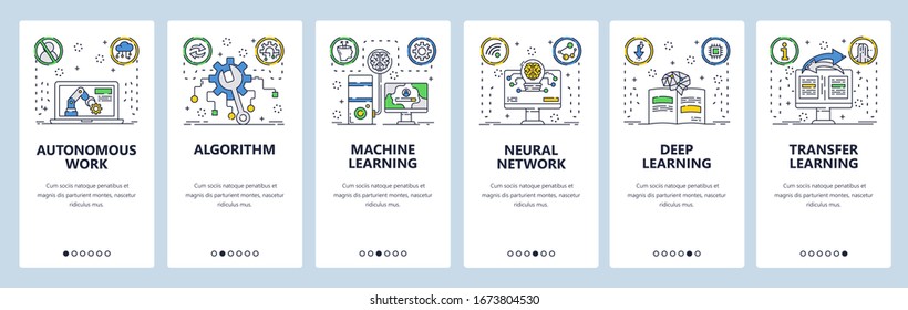 Machine learning web site and mobile app onboarding screens. Menu banner vector template for website and application development. Transfer and deep learning, autonomous work. Thin line art flat style.