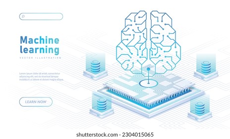 Machine learning white banner. Server and schema, circuit, artificial intelligence, ai. Landing page design. Big data, cyber mind and , digital brain. Isometric vector illustration