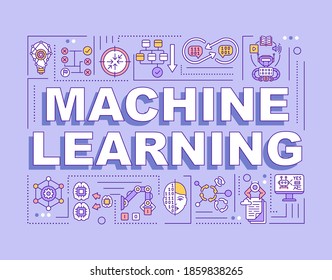 Machine learning word concepts banner. Algorithm processing. Computer science. Infographics with linear icons on purple background. Isolated typography. Vector outline RGB color illustration