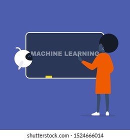 Machine learning: Young black female character educating a robot