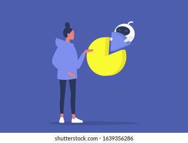 Machine learning, young female character supervising calculations made by the robot