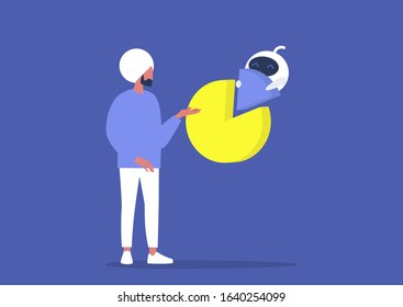 Machine learning, young indian male character supervising calculations made by the robot