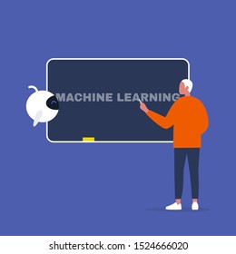 Machine learning: Young male character teaching a robot