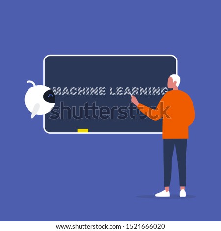 Machine learning: Young male character teaching a robot