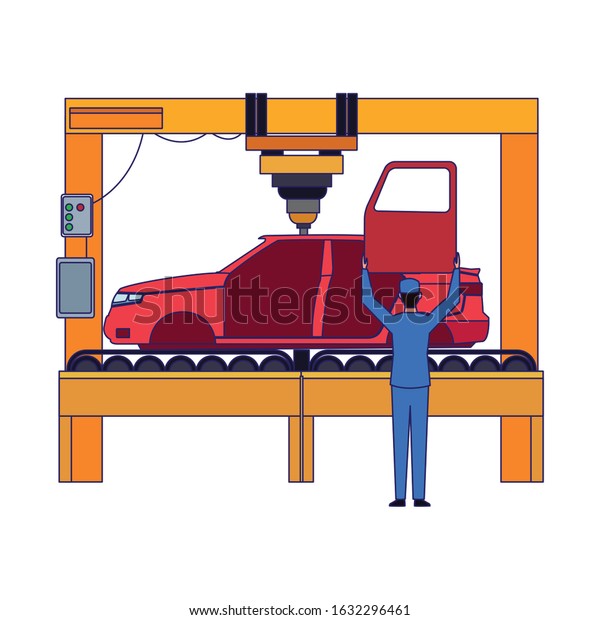 Machine with lifted\
car and mechanic with car door over white background, colorful\
design, vector\
illustration