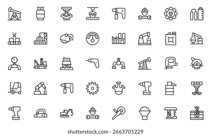 Conjunto de ícones de linha da máquina. Coleção de ícones vetoriais de designs de fábrica, incluindo elementos de máquinas, automação, produção e indústria em um estilo limpo