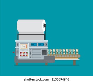 The machine makes dollar bills. The financial system, the Bank prints money. The cash machine. Flat vector.