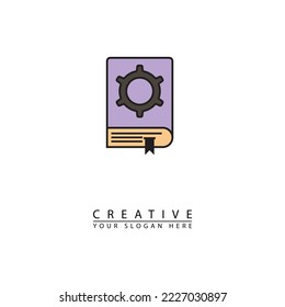 vector de diseño de plantilla de logotipo manual de libro de máquina. combinación de libro y engranajes. diseño simple de vector plano. adecuado para máquinas industriales, educación, etc.