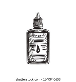 Machine oil hand drawn black and white vector illustration. Lube plastic tube sketch. Retro container monochrome design element. Vintage vehicle grease bottle isolated on white background