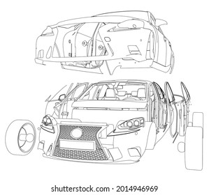 Machine outline disassembled into parts isolated on white background. Machine parts are separated from each other. Front view. Vector illustration