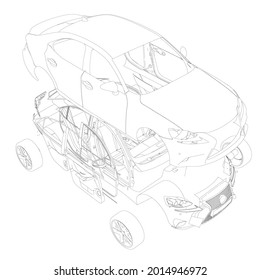 Machine Outline Disassembled Into Parts Isolated On White Background. Machine Parts Are Separated From Each Other. Isometric View. Vector Illustration