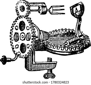A machine to pare apples with, vintage line drawing or engraving illustration.