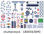 Machine parts. Auto technical mechanisms, gear equipment, engine. Pinion and motor, shaft, joints industry machinery flat vector set. Pieces for automatic construction as buttons, switches, knobs